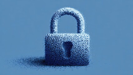 A stylized, abstract representation of a padlock created with scattered particles, set against a blue background.