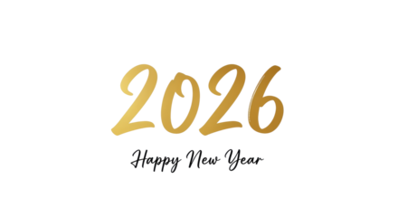 Golden happy new year greeting card with the year two thousand twenty six on a transparent background