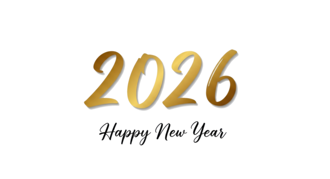 Golden happy new year greeting card with the year two thousand twenty six on a transparent background