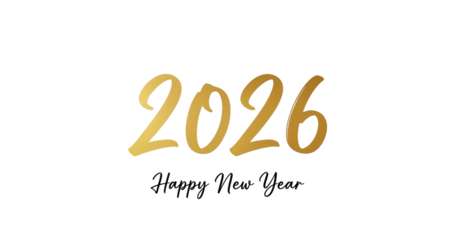 Golden happy new year greeting card with the year two thousand twenty six on a transparent background