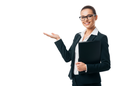 Smiling businesswoman in glasses and suit holding a folder and gesturing with her hand, isolated on transparent background