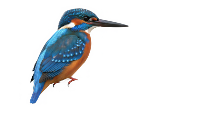 Vibrant common kingfisher bird with striking blue and orange plumage perched in profile isolated on white background