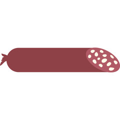 Sausage slice with visible fat speckles on a clean white background with a cut end and dark red casing representing a single processed meat product detail