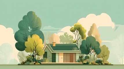 Stylized illustration depicts a modest dwelling surrounded by lush, layered foliage under a pale sky