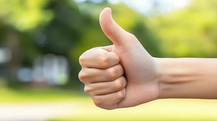 A hand is raised displaying a thumbs up sign in a vibrant outdoor environment surrounded by lush greenery