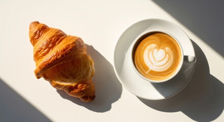 Fresh croissant beside latte art coffee cup on white table in morning light