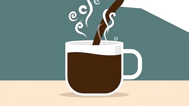 Side-view of vector coffee pouring into a minimalist mug, simple steam, flat colors.