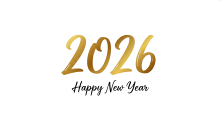 Golden happy new year greeting card with the year two thousand twenty six on a transparent background