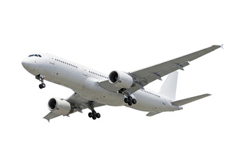 A modern white passenger airplane in flight, isolated on transparent background