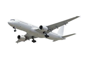A modern white passenger airplane in flight, isolated on transparent background