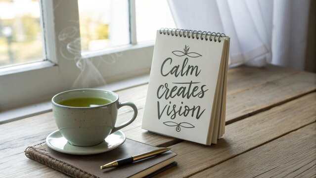 A cup of green tea and a motivational quote on a notebook