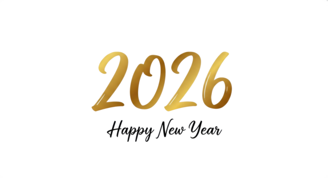 Golden happy new year greeting card with the year two thousand twenty six on a transparent background