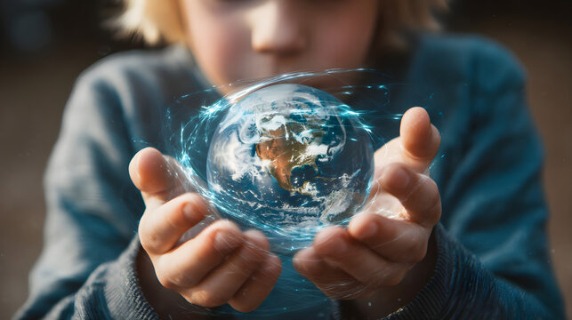 Child hands holding glowing planet earth future