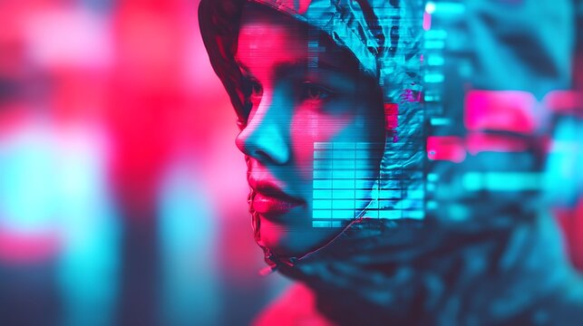 A futuristic portrait of a young person in a hooded jacket, with vibrant digital overlays and neon colors, suggesting themes of technology and urban life. - Powered by Adobe