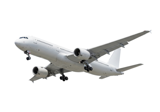 A modern white passenger airplane in flight, isolated on transparent background