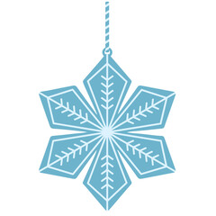 Blue geometric snowflake ornament hanging on a string, minimalist winter decoration illustration for Christmas cards, festive prints, holiday invitations, and modern seasonal graphic design projects.