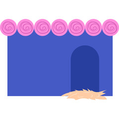 Simple blue building with pink floral trim and straw on the ground isolated on a transparent background