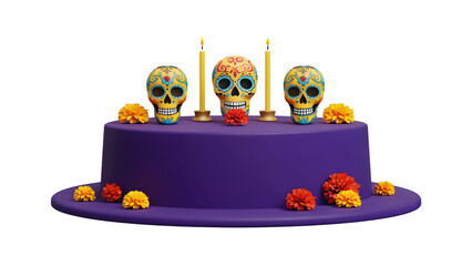 Day of the Dead altar with skulls candles and flowers isolated on a transparent background sugar 2