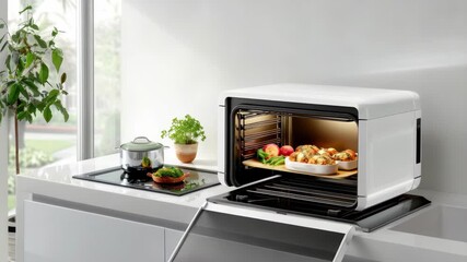 A modern kitchen showcases an advanced cooking appliance preparing healthy meals, blending technology with culinary convenience