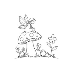 fairy coloring page, fairy on mushroom coloring sheet, cute fairy line art, fantasy coloring page printable, fairy tale princess