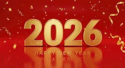 Golden year number two thousand twenty six with confetti on a red happy new year background