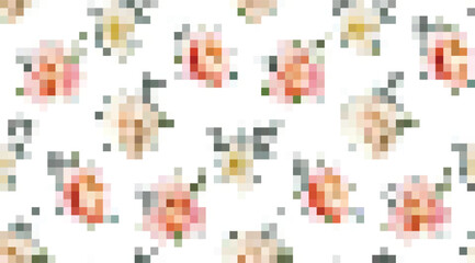 Delicate floral pattern featuring soft pink and beige blossoms amidst a clean white background, creating a modern pixelated effect with subtle green accents