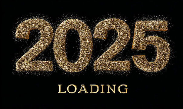 Golden glitter numbers "2025 LOADING" on a black background, symbolizing anticipation, progress, and a bright future. Ideal for New Year greetings or business concepts. - Powered by Adobe