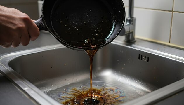 Woman hand pouring used cooking oil from a frying pan into a kitchen sink, environmental pollution concept
