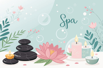 Spa center service flat vector illustrations set. Beauty salon visitors and workers cartoon characters. Wellness center procedures and equipment pack. Hot stone massage, foot bath and facial masks.