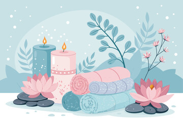 Spa center service flat vector illustrations set. Beauty salon visitors and workers cartoon characters. Wellness center procedures and equipment pack. Hot stone massage, foot bath and facial masks.