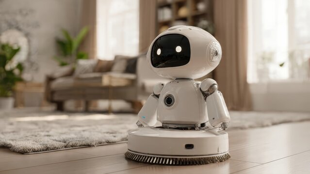 A sleek, modern robot vacuum cleaner stands in a cozy living room, showcasing advanced technology in home cleaning.