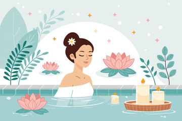 Spa center service flat vector illustrations set. Beauty salon visitors and workers cartoon characters. Wellness center procedures and equipment pack. Hot stone massage, foot bath and facial masks.