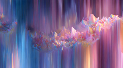 Vibrant abstract crystalline landscape with flowing digital art and ethereal pastel colors creating a dreamlike, futuristic atmosphere for modern design.