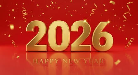 Golden year number two thousand twenty six with confetti on a red happy new year background