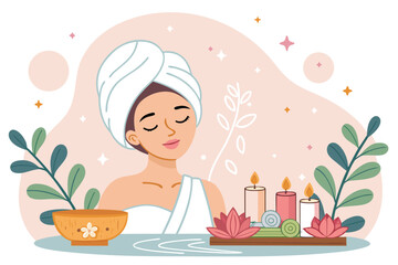 Spa center service flat vector illustrations set. Beauty salon visitors and workers cartoon characters. Wellness center procedures and equipment pack. Hot stone massage, foot bath and facial masks.
