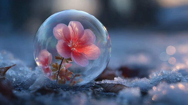 Frozen bubble encasing a pink flower on snow