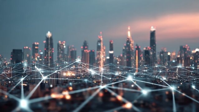 A futuristic city skyline with glowing network connections, symbolizing technology and connectivity in an urban landscape.