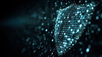 A digital shield made of binary code against a dark background, symbolizing cybersecurity and data protection.