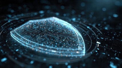 A digital shield composed of glowing dots and lines, symbolizing cybersecurity and data protection in a futuristic setting.