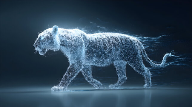 Digital tiger walking representing artificial intelligence and quantum computing
