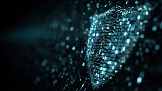 A digital shield made of binary code against a dark background, symbolizing cybersecurity and data protection.