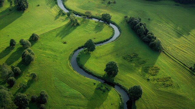 Winding river flowing through vibrant green fields with scattered trees, creating a peaceful pastoral landscape from an aerial view during golden hour