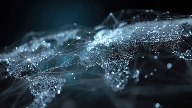 A digital representation of a global map, highlighted by interconnected nodes and lines, creating a network-like appearance.