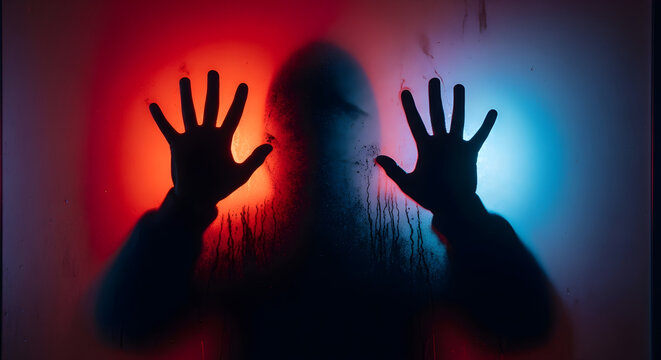 Man silhouette behind frosted glass with hand touching surface. Concept banner of fear, horror, mystery, and being trapped with copy space. Dramatic lighting.