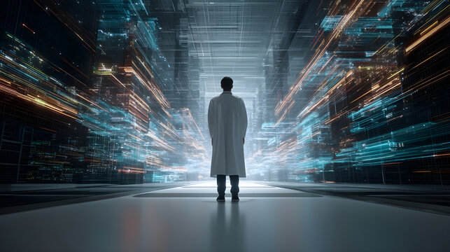 Scientist standing in digital corridor exploring artificial intelligence future
