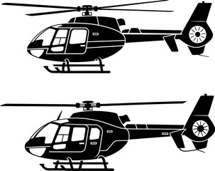 Two black silhouettes of helicopters are shown side by side against a white background.