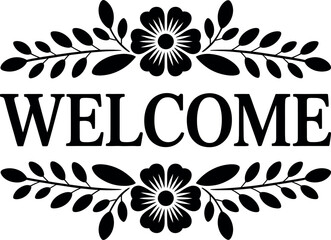 Decorative floral design frames the word "WELCOME" with elegant symmetry and a vintage feel.