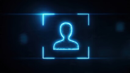 A digital silhouette in a blue grid, framed by glowing lines, set against a dark background, suggesting themes of identity and technology.