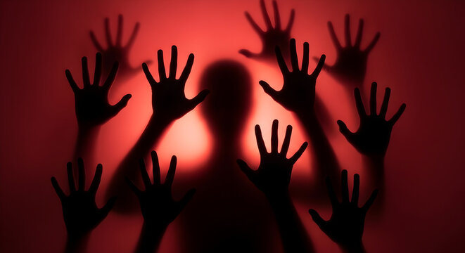 Silhouette of a person surrounded by hands casting shadows on a red background. Horror banner concept for spooky season, Halloween, scary film poster with copy space.