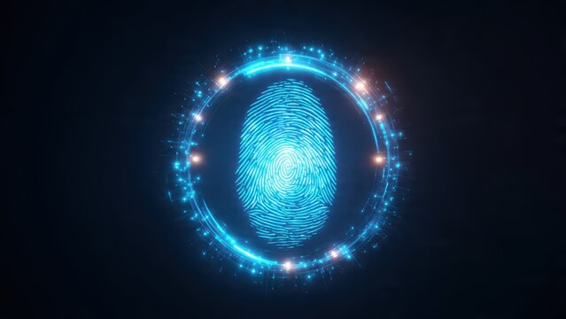 A glowing digital fingerprint surrounded by a circular light pattern, representing cybersecurity and identity verification.